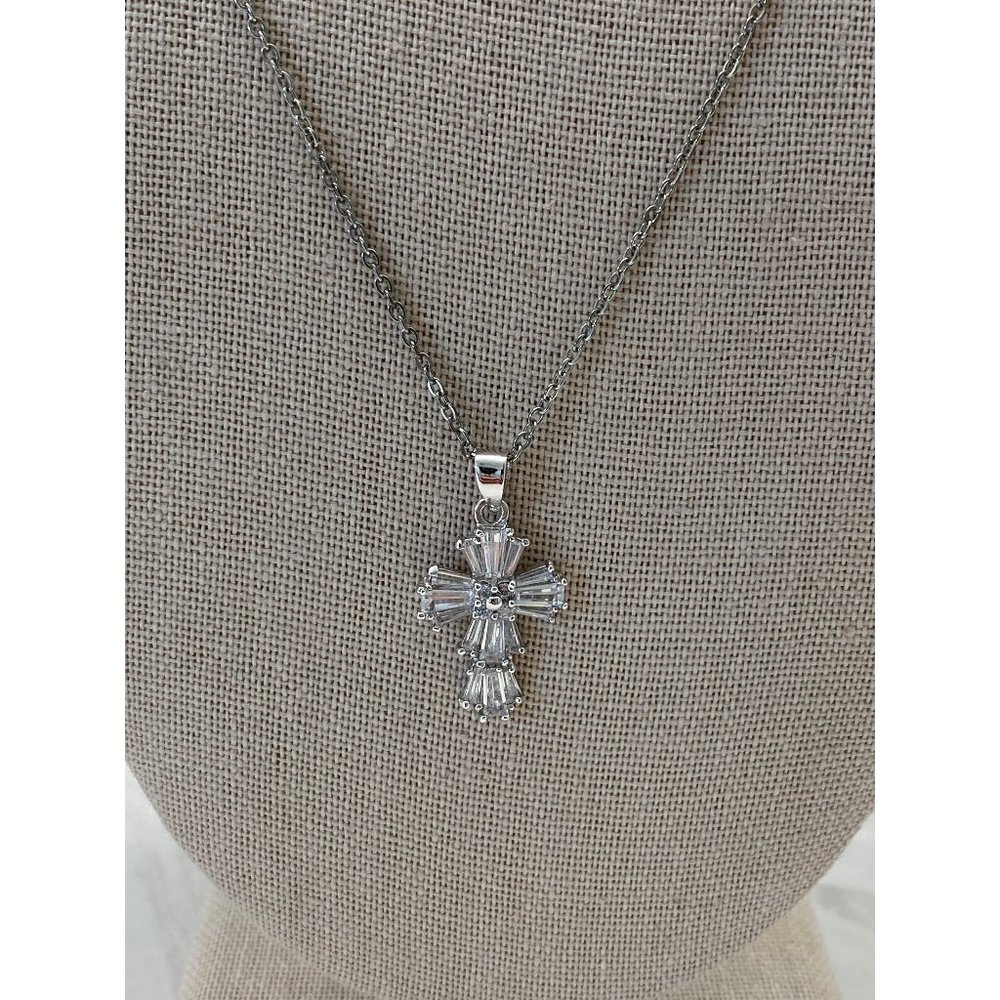 Vintage cross necklace | Gift for Her | Glass Cross on Silver Chain | Gift for M